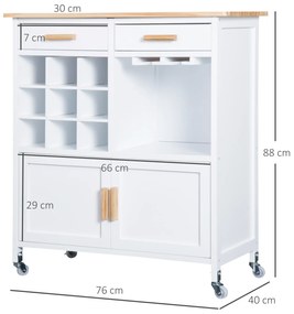 HOMCOM Carrinho de Cozinha Auxiliar com Rodas Carrinho de Cozinha com 2 Gavetas Suporte para 9 Garrafas Suporte para Taças Prateleira Aberta e Armário 76x40x88cm Branco