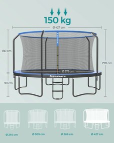 Trampolim Ø 427 cm com rede de segurança e escada Azul escuro