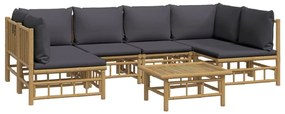 7pcs conj. lounge de jardim bambu c/ almofadões cinzento-escuro
