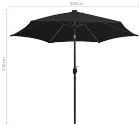 Guarda-sol de jardim c/ luzes LED/poste alumínio 300 cm preto