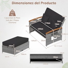 Conjunto de Sofá-Cama de 2 Lugares e Pufe, 164 x 72-111 x 54,5-88 cm, Encosto Ajustável em 4 Níveis, Cinzento + Preto