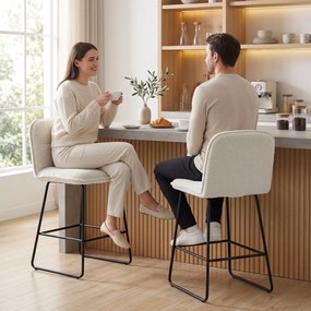 Conjunto de 2 bancos de bar, cadeiras de bar estofadas em tecido bouclé, assento extragrande com 66 cm de altura, cor creme