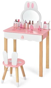 Conjunto Toucador Infantil de Cadeira e Mesa Estilo Coelho com Espelho e Gavetas Rosa