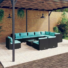 vidaXL 11 pcs conjunto lounge de jardim c/ almofadões vime PE preto