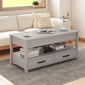 Mesa de centro elevável 100 x 46 x 50 cm com compartimento de armazenamento oculto, prateleira aberta e 2 gavetas para sala de estar cinza