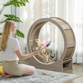Roda de exercício para gatos, roda de corrida para gatos, com travão de segurança e tapete para arranhar removível e silencioso, 91 cm, castanho