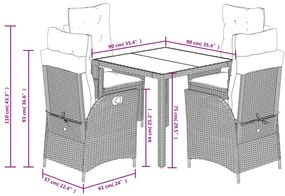 5 pcs conjunto de jantar p/ jardim c/ almofadões vime PE cinza