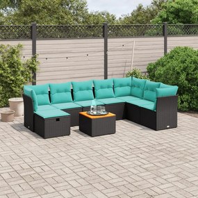 vidaXL 9 pcs conjunto de sofás p/ jardim c/ almofadões vime PE preto
