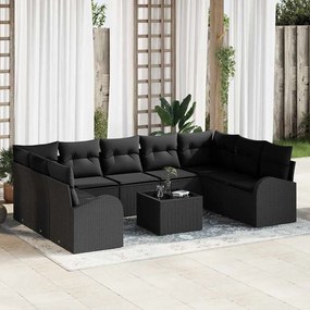 vidaXL Conjunto de Sofás de Jardim de 10 Peças com Almofadas Pretas de Vime PE