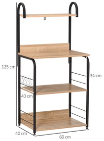 Estante de Cozinha para Microondas com 4 Níveis Ganchos e Pés Ajustáveis Estante de Armazenamento 60x40x125cm Madeira Natural