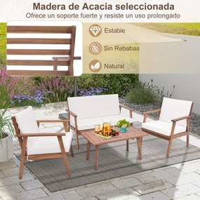 Conjunto de 4 peças: 2 cadeiras simples, 1 sofá de dois lugares e 1 mesa de centro com braços e assento acolchoado branco