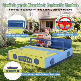 Caixa de areia infantil em madeira com tema de carro 118 x 100 x 40 cm, com capota conversível, bancos, forro e volante, para crianças a partir dos 18