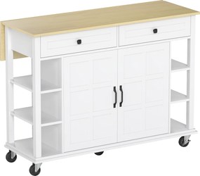 HOMCOM Ilha de Cozinha com Rodas Bancada Dobrável 2 Portas com Fecho Suave 2 Gavetas 6 Prateleiras Abertas 120x65x89 cm Branco | Aosom Portugal