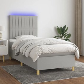 Cama box spring c/ colchão e LED 100x200 cm tecido cinza-claro