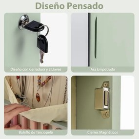 Armário de joias em madeira com espelho de parede e LED interno Organizador de porta ou parede com chave 35,5 x 10 x 120 cm Verde Claro