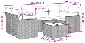 7 pcs conjunto sofás p/ jardim c/ almofadões vime PE cinzento