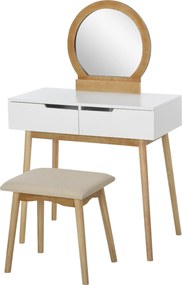 Toucador com banco de design escandinavo com espelho, 2 gavetas em cor pinho claro e branco