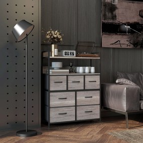 Cómoda com 7 gavetas em tecido, dobráveis e removíveis 79 x 29 x 101 cm, e prateleiras abertas, cinzenta