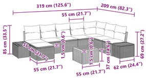 Conjunto de Sofá de Jardim de 9 Peças com Almofadas Preto Rattan Polié