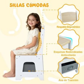 Conjunto de mesa e cadeiras para crianças Mesa de atividades em madeira com tampo reversível Prateleiras para livros e gavetas Natural + Branco