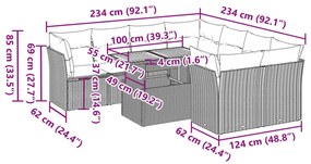 9 pcs conjunto de sofás p/ jardim c/ almofadões vime PE preto