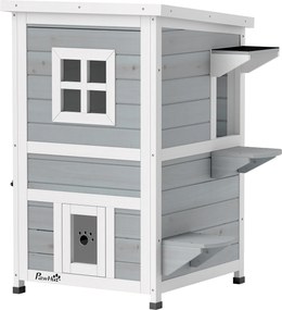 PawHut Casota Exterior para Gatos em Madeira de 2 Níveis com Telhado Basculante, Plataformas de Salto e Portas, 51x51x81,3 cm, Cinzento | Aosom Portugal