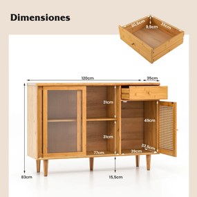 Aparador Lousã em Bambu com Portas de Vidro e Ratã – 120x35x83 cm – Na