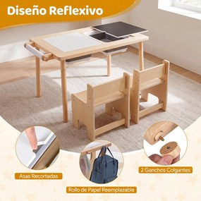 Conjunto de Mesa de Atividades Infantil com 2 Cadeiras, 86 x 55 x 51 cm, Multifuncional 6 em 1, Natural