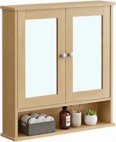 Armário casa banho parede com espelho 13 x 56,5 x 58,5 cm com 2 portas espelhadas e compartimento aberto em cor de carvalho natural