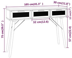Mesa consola 105x30x75 cm pinho maciço e vime natural branco