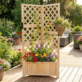 Floreira de jardim 55 x 55 x 140 cm elevada de canto com treliça para trepar com orifícios de drenagem para plantas natural