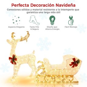Conjunto de Rena e Trenó do Pai Natal, 50 x 184 x 123 cm, Pré-iluminado com 215 Luzes LED, Branco