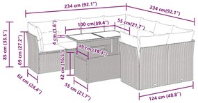 9 pcs conj. sofás jardim com almofadões vime PE cinzento-claro