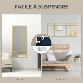 Espelho de parede retangular em estilo janela, na orientação horizontal ou vertical, com 4 ganchos, 110 x 50 cm em metal dourado