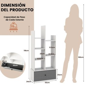 Estante de 7 níveis com gaveta e 7 compartimentos Estante de madeira para sala de estar Quarto 53 x 24 x 118 cm Branco