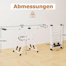 Estendal dobrável com braços ajustáveis 184 x 56 x 99–168 cm, pinças para meias e prateleira para sapatos, secador de roupa Branco