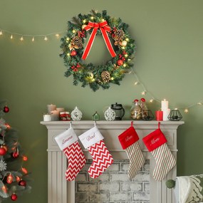 Grinalda de Natal artificial iluminada com 20 LEDs, com 60 cm - decorada com azevinho e pinhas verde