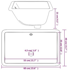 Lavatório casa de banho retangular 60x40x21 cm cerâmica branco