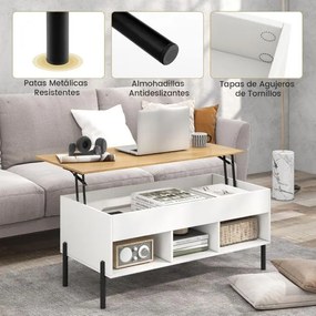 Mesa de centro 100 x 50 x 45 cm elevável com tampo ajustável, amplo compartimento oculto e 3 espaços abertos com pernas de metal branca