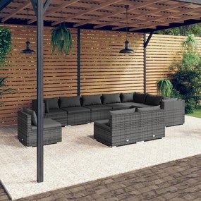 vidaXL 10 pcs conjunto lounge de jardim c/ almofadões vime PE cinzento