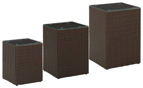 316380 vidaXL Mesas de apoio com tampo de vidro 3 pcs vime PE castanho