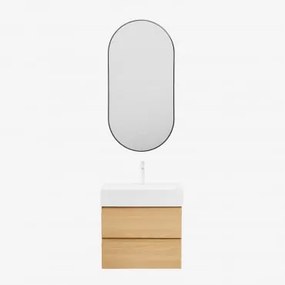 Conjunto De Móvel De Casa De Banho Em Madeira E Chapa De Freixo Com Lavatório Integrado Ona Madeira Natural & Ovale Led E Antifog Preto - Sklum