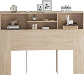 Cabeceira de cama com pés e arrumação, acessório de cama com 4 compartimentos abertos, 140 x 19 x 103,5 cm, efeito de madeira natural