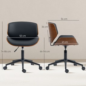 Cadeira de Escritório sem Braços Cadeira de Secretária Vintage Giratória Estofada em PU Altura Ajustável 52x54x74-84 cm Preto e Madeira