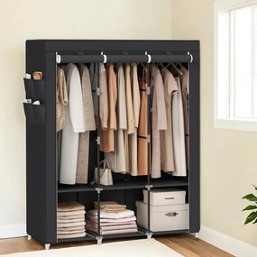 Guarda roupa tecido com 3 varões para roupa e 4 bolsos laterais 45 x 130 x 167 cm Preto