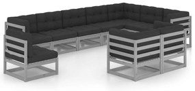 10pcs conjunto lounge de jardim + almofadões pinho maciço cinza