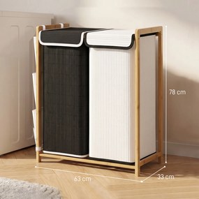Cesto de Roupa Suja com Tampa 120L de Bambu com 2 Compartimentos Sacos com Cordão Bolsos Laterais Branco e Preto