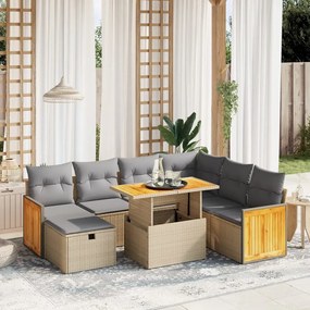 8 pcs conjunto de sofás p/ jardim com almofadões vime PE bege