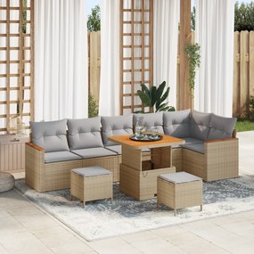 Conjunto de Sofá de Jardim vidaXL 9 Peças com Almofadas Bege de Polirattan e Acácia