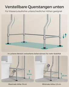 Prateleira de sanita de 4 níveis com ganchos economizadora de espaço em 30 x 63 x 176 cm cinzento